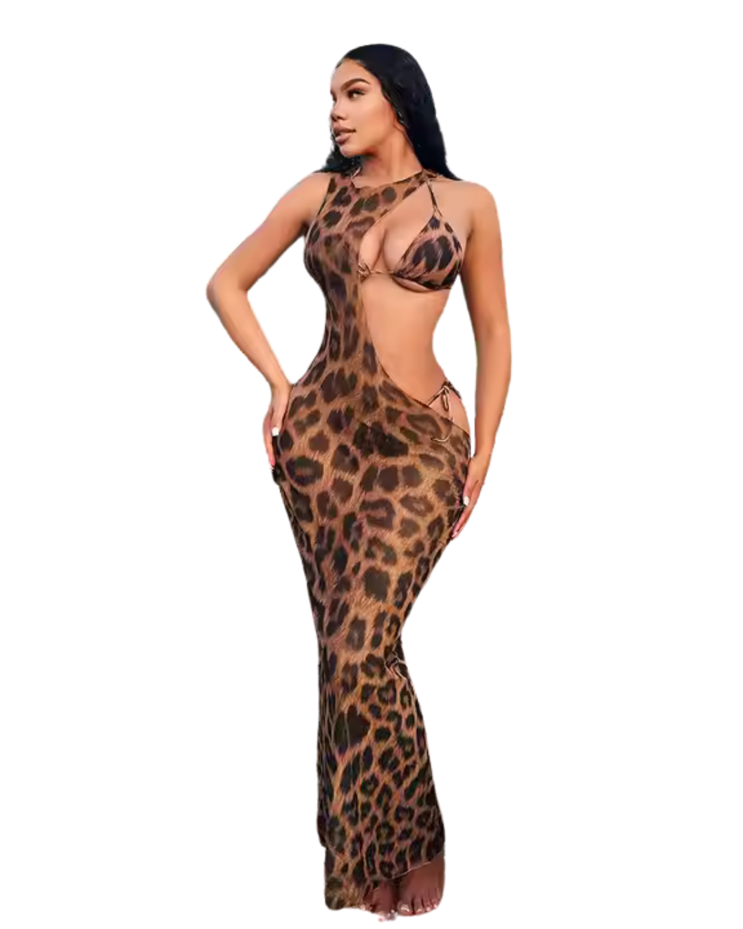 طقم سافاج بيوتي بنقشة النمر مع فستان ماكسي مكشوف